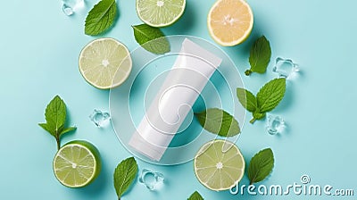 Top view photo of white tube without label in the middle mint leaves whole and sliced limes halves of lemon ice cubes and water Stock Photo