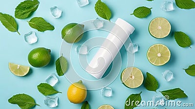 Top view photo of white tube without label in the middle mint leaves whole and Stock Photo