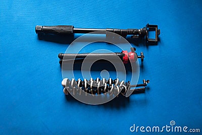 Top view of photography accessories tripod Stock Photo