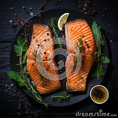 Top view. Photorealistic image of a salted salmon dish with seasonings and herbs. Stock Photo