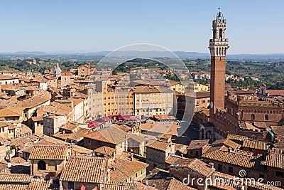 Top view of Piazza del Campo and the rooftops of Siena with detail of the bell tower Stock Photo