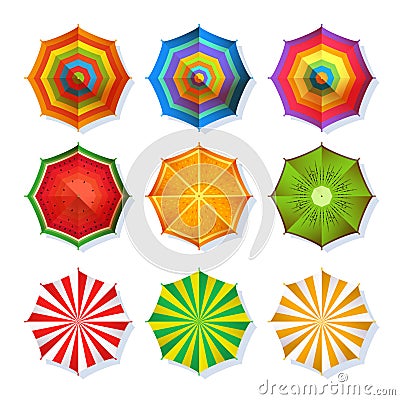 Top view picture of summer beach umbrella for relaxation. Colorful vector set isolate on white Vector Illustration