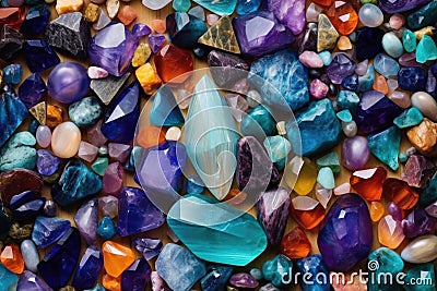 top view of a pile of assorted gemstones and crystals Stock Photo