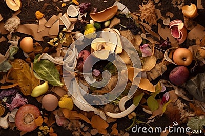 Top view of a pile of food waste. Kitchen waste on a compost. Generative AI Stock Photo