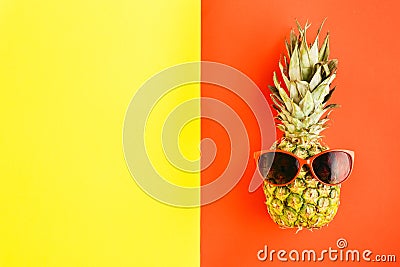 Top view pineapple sunglasses colorful background Flat lay Summer Background Stock Photo