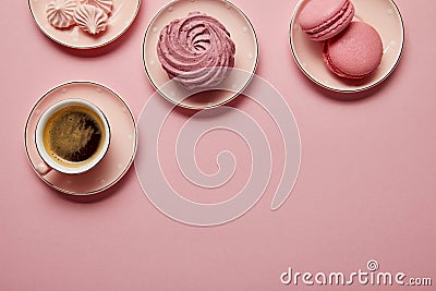 Top view of pink meringues, macaroons Stock Photo