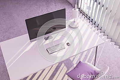 Top view of pink office workplace with black computer screen, reflections and other items. Editorial Stock Photo