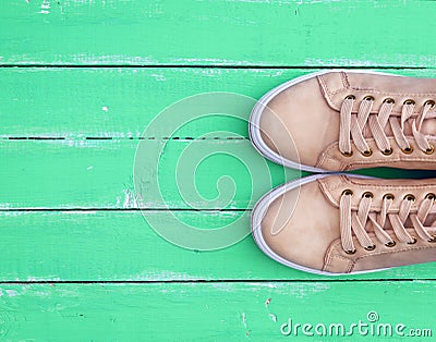 Top view of a pink pair of female leather sneakers Stock Photo