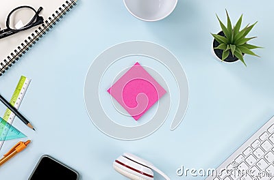 Top View Pink Stick Note or Note Pad on Pastel Minimalist Background Stock Photo