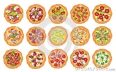 Top view pizza. Different Italian pizzas, margherita with mozzarella cheese and tomatoes slices, pepperoni with basil Vector Illustration