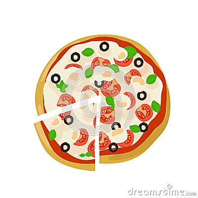 Top view pizza with tomatoes and black olives. illustration Cartoon Illustration