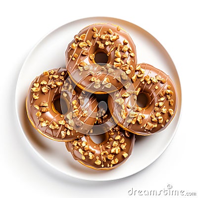 Top view of plate with caramel peanut donuts. Stock Photo