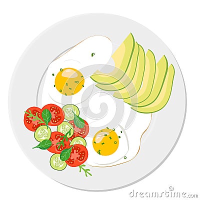 Delicious healthy breakfast of fried eggs, avocado slices, fresh vegetable salad of tomatoes, cucumbers and arugula Vector Illustration