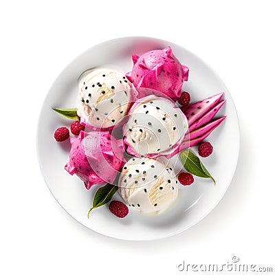 Top view of plate of dragon fruit ice cream scoops. Stock Photo