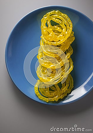 Top view of plate full of delicious and tempting Jalebi sweet Stock Photo