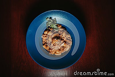 Top view of a plate of macaroni in a beef sauce Stock Photo