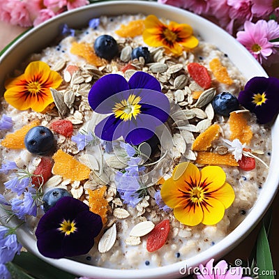 Top View. Plate with Oatmeal, Seeds, Raisins, Flowers, Berries. Healthy Breakfast. Stock Photo