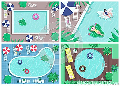 Top view pool flat color vector illustrations set Vector Illustration