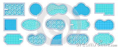 Top view pool. Swimming pools of different shapes with tile and water caustics texture vector illustration set Vector Illustration