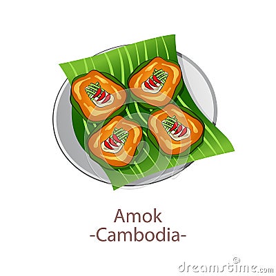 Top view of popular food of ASEAN national,Amok,in cartoon Vector Illustration