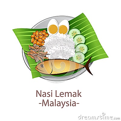 Top view of popular food of ASEAN national,Nasi Lemak,in cartoon Vector Illustration