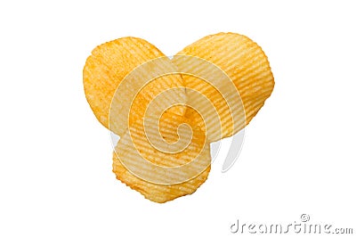 Top view of potato chips isolated on white background. Delicious piece of crispy golden chips. Tasty round potato slice Stock Photo