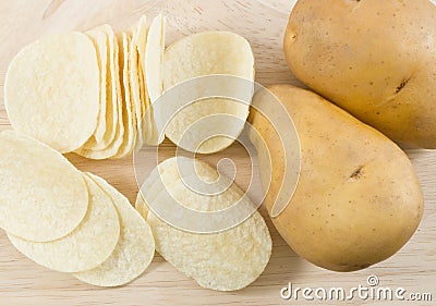 Top View of Potato Tuber and Potato Chips or Crisp Stock Photo