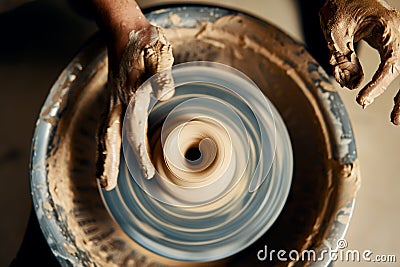 Top view of potter hands making ceramic pot on the wheel Stock Photo