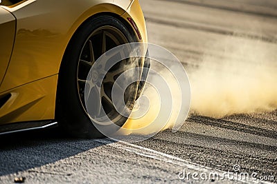 Top view. professional driver drifting racing car on road at race track, Race car drift on race track have smoke, View from above Stock Photo