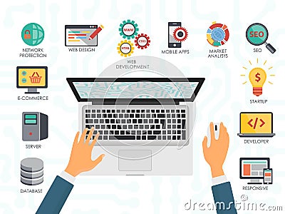 Top view of the programmer hands on laptop. Coding and programming concept. Vector Illustration