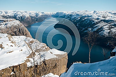 Top view of the Pulpit Rock, Preikestolen. Scenic landscape of river channel between rocky shore Stock Photo