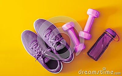 Top view of purple and violet sport shoes, dumbbells and bottle of water on yellow background. Fitness and Healthy lifestyle Stock Photo