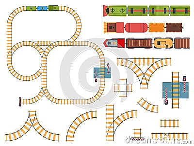 Top view railways. Tracks construction with toy trains above. Circle and line rails with trains above, railway barrier Vector Illustration