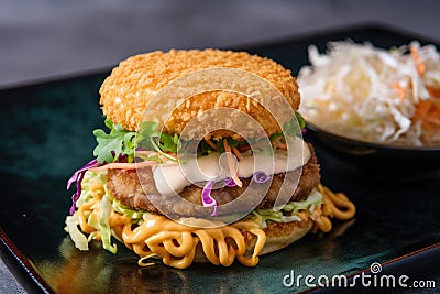 Top view of a Ramen burger with a crispy shrimp patty and wasabi mayo on a colorful plate Stock Photo