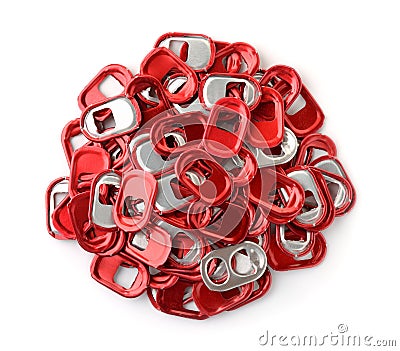 Top view of red can pull tabs Stock Photo