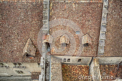 Top view of red tiles roof of chateau de chillon the beautiful castle in switzerland Editorial Stock Photo