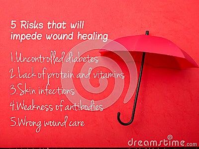 Top view red umbrella with text 5 risks that will impede wound healing on a red background Stock Photo