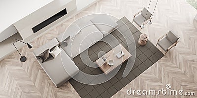 Top view of relaxing room interior with sofa and seats, fireplace and lamp Stock Photo