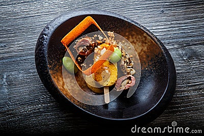 top view on restaurant fish dish with beautiful garnish Stock Photo
