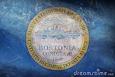 Top view of retro flag of Boston, untied states of America with grunge texture. USA travel and patriot concept. no flagpole. Plane Stock Photo