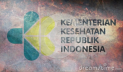 Top view of retro flag Ministry of Health Indonesia with grunge texture. Indonesian patriot and travel concept. no flagpole. Plane Stock Photo