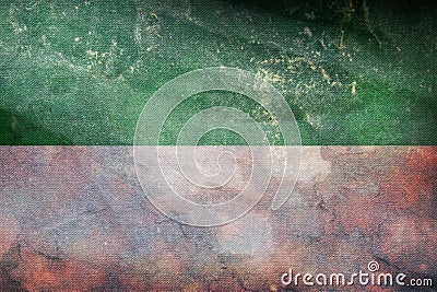 Top view of retro flag San Rafael, Antioquia Colombia with grunge texture. Colombian patriot and travel concept. no flagpole. Stock Photo