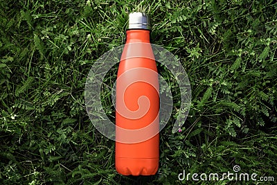 Top view of reusable steel thermo water bottle with mockup on green grass, lush lava color. Stock Photo