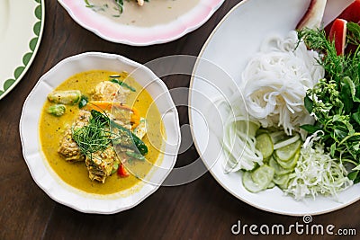 Top view of Rice Noodles with Crab Meat Curry Sauce, Served with vegetables. Classic Thai cuisine Stock Photo