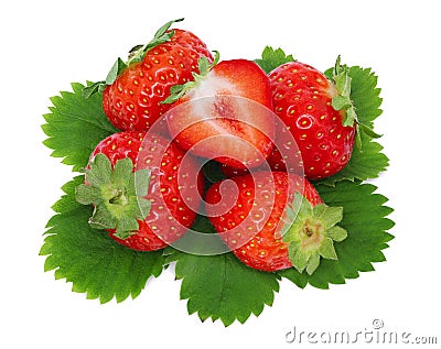 Top view of ripe strawberries pile with green leaves (isolated) Stock Photo