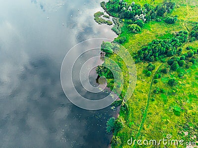 Top view of the river bank and green forest. Russia Stock Photo