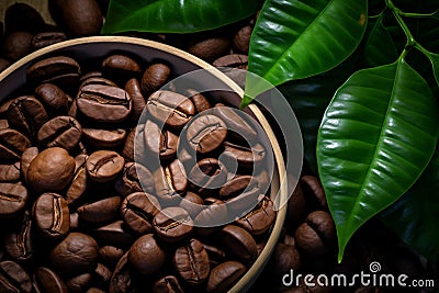 Top view of roasted coffee beans in a bowl, green leaves aside Stock Photo