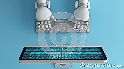 Top view of Robot hands using keyboard in front of a computer mo Cartoon Illustration