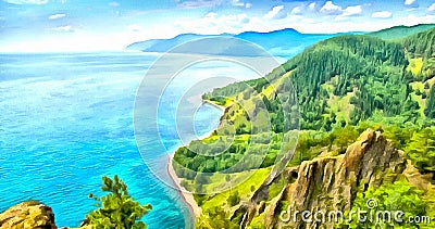 Top view of the rocky Shores of a mountain Lake in painting Stock Photo