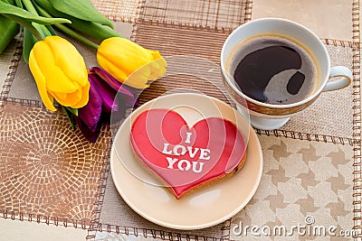 Top view romantic breackfast with flowers Stock Photo